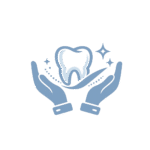 Icono minimalista en azul de manos protegiendo un diente que representa tratamientos dentales personalizados