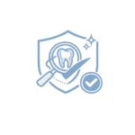 Icono minimalista de calidad en materiales dentales con escudo, diente y símbolo de verificación en tonos azul y dorado