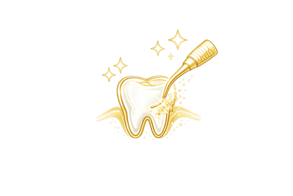 Icono dental en contorno dorado con instrumento de limpieza y destellos, diseño minimalista con fondo transparente.